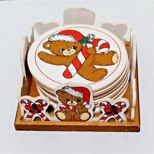 Vintage House Of Lloyd Ceramic Coasters 5 Caddie 1988 Christmas Bear Round White